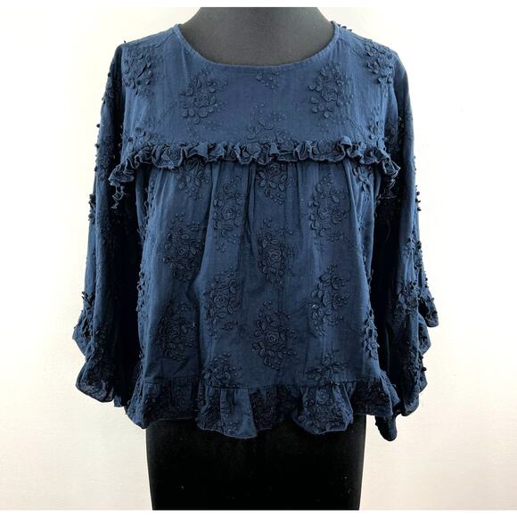 HICHE Navy Blue 3/4 Sleeve Round Neck Embroidered Floral Ruffle Yoke Flowy Top M - Picture 1 of 4